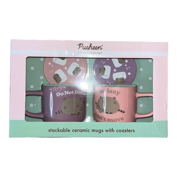 Pusheen The Cat Set of Stackable Ceramic Mugs with Coasters Gift Set Pink Green - Picture 2 of 5